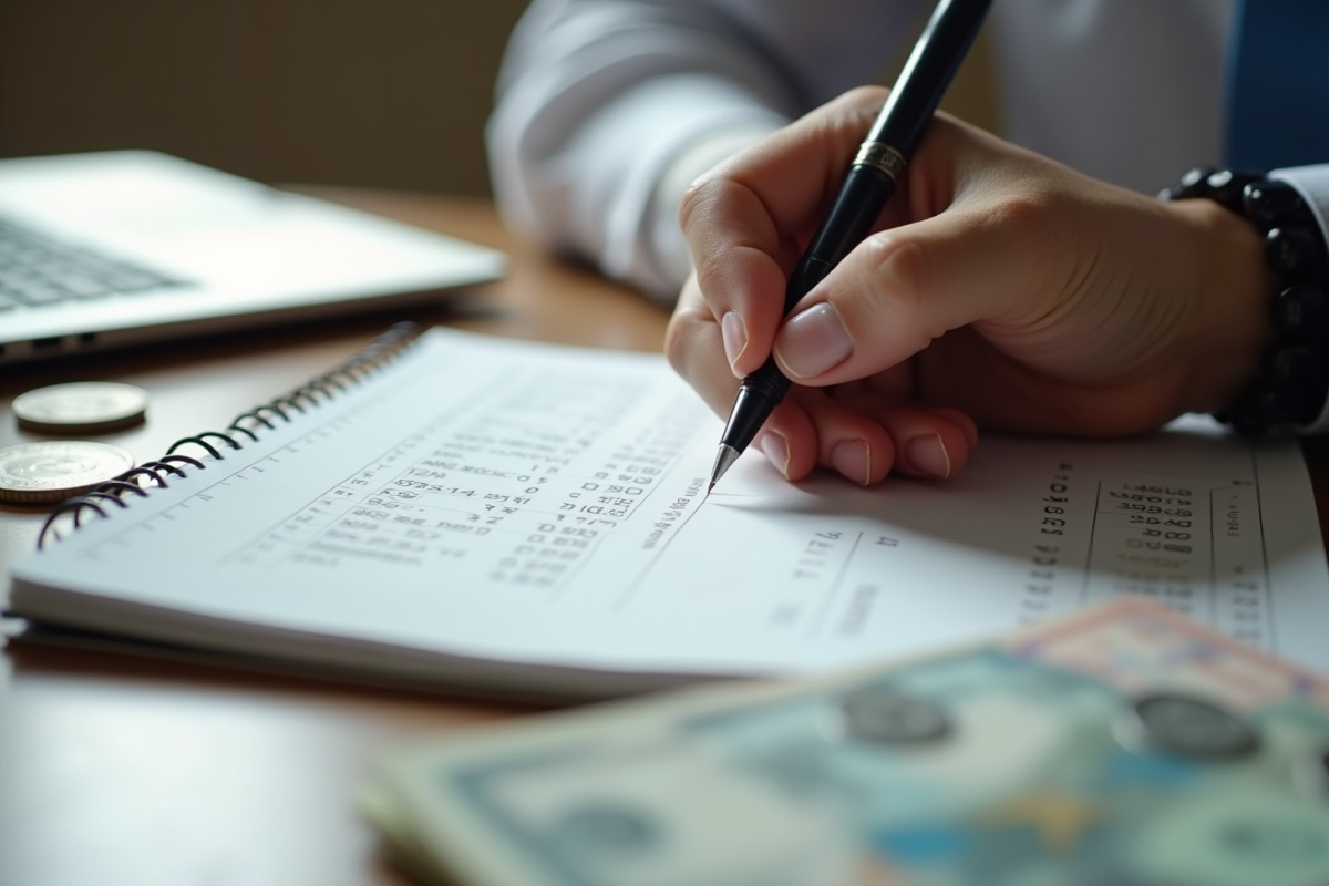 Main écrivant dans un carnet avec pièces et argent liquide