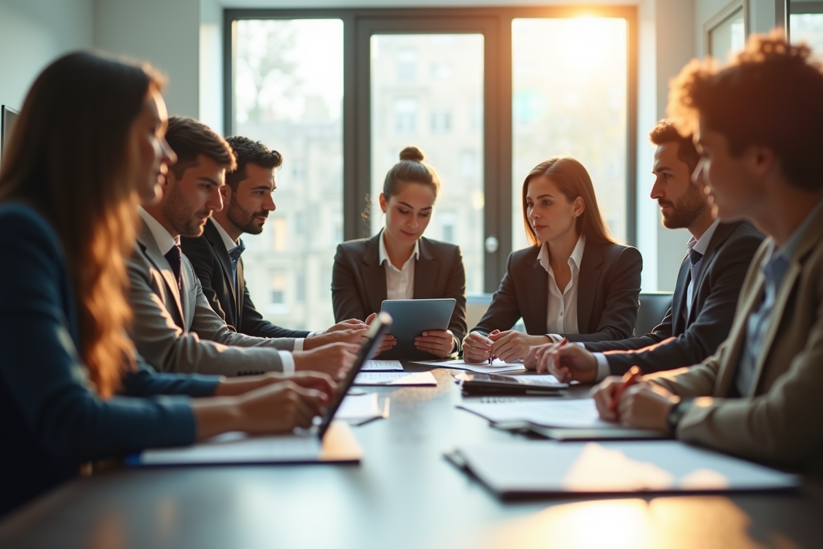 Groupe de professionnels en réunion dans un bureau lumineux