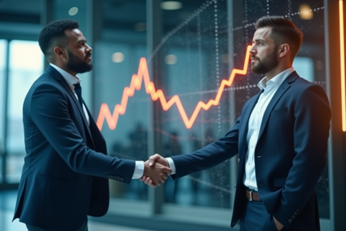 Professionnels en réunion avec graphique en hausse