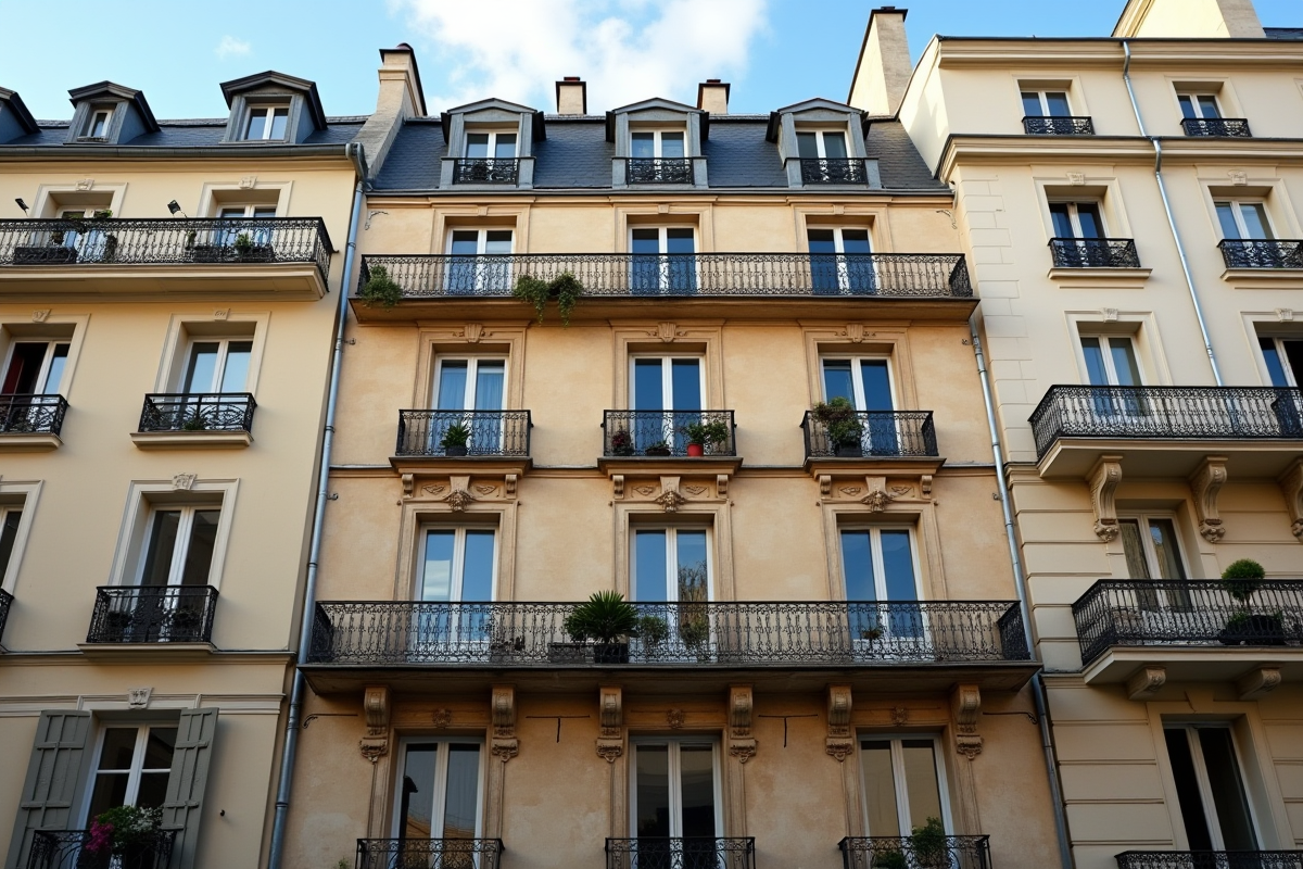 Façade d un immeuble parisien ancien avec balcons et volets
