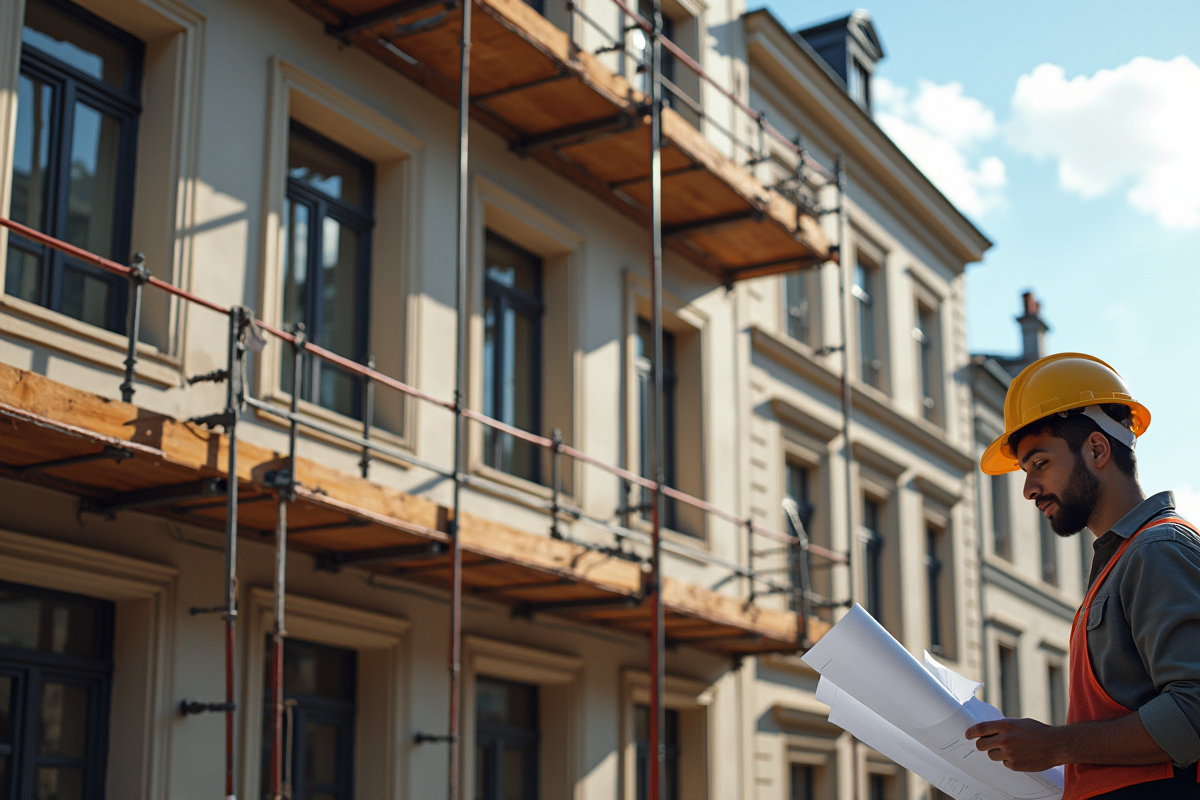 Façade d'un bâtiment historique français en rénovation avec ouvrier et échafaudage