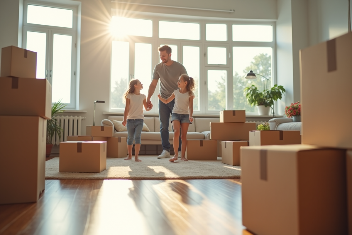 Famille dans un salon lumineux en plein emménagement