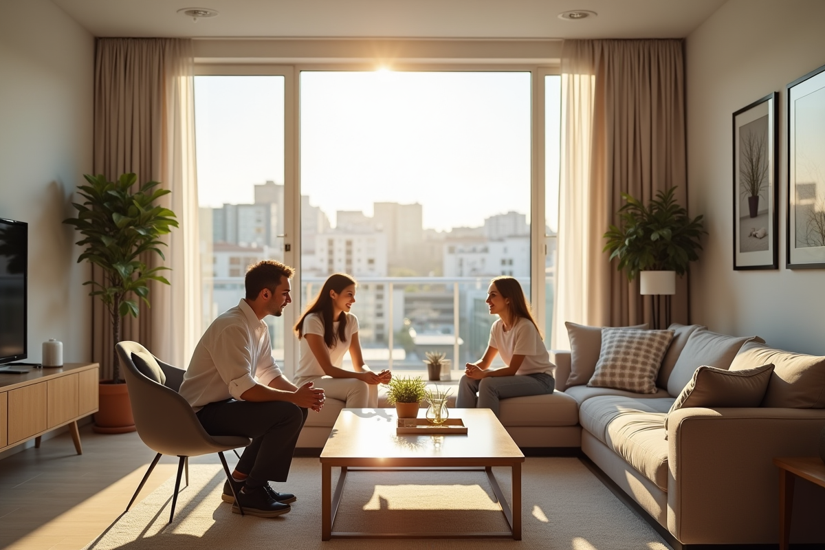 Famille rencontrant un agent immobilier dans un appartement lumineux avec vue urbaine