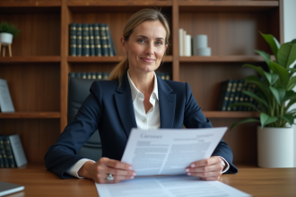 Femme d'affaires en bureau tenant un contrat