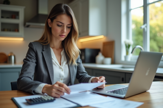Femme d affaires dans une cuisine moderne examine un dossier immobilier
