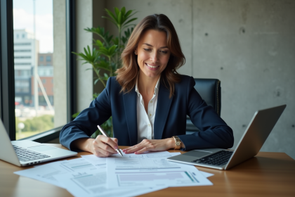 Femme d'affaires en costume bleu examine des documents immobiliers