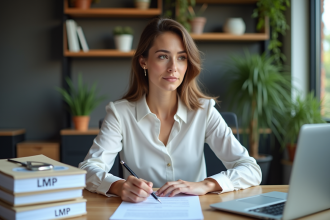 Femme d'affaires examinant des documents dans un bureau moderne