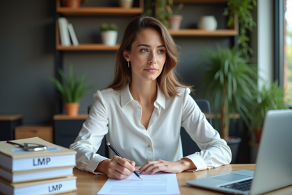 Femme d'affaires examinant des documents dans un bureau moderne