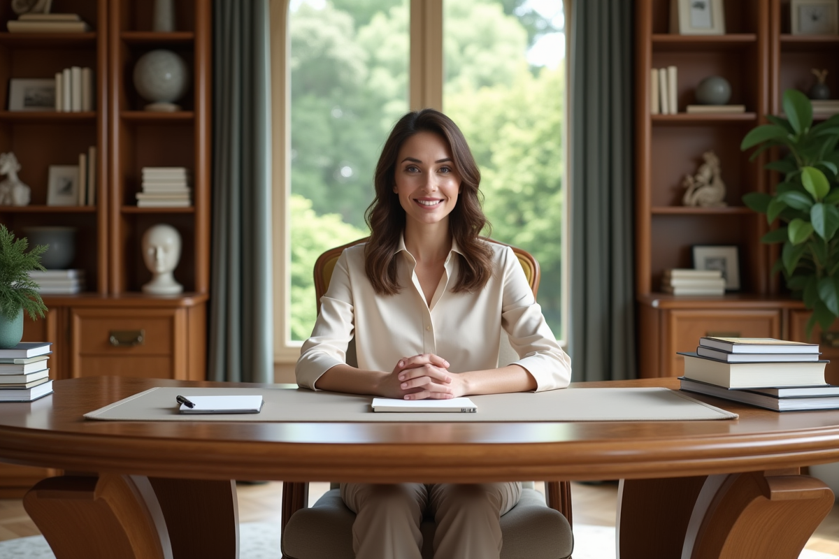 Femme professionnelle assise dans un bureau élégant et lumineux