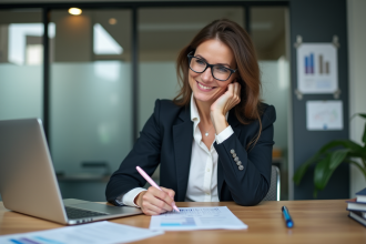 Femme d affaires concentrée à son bureau pour un article immobilier