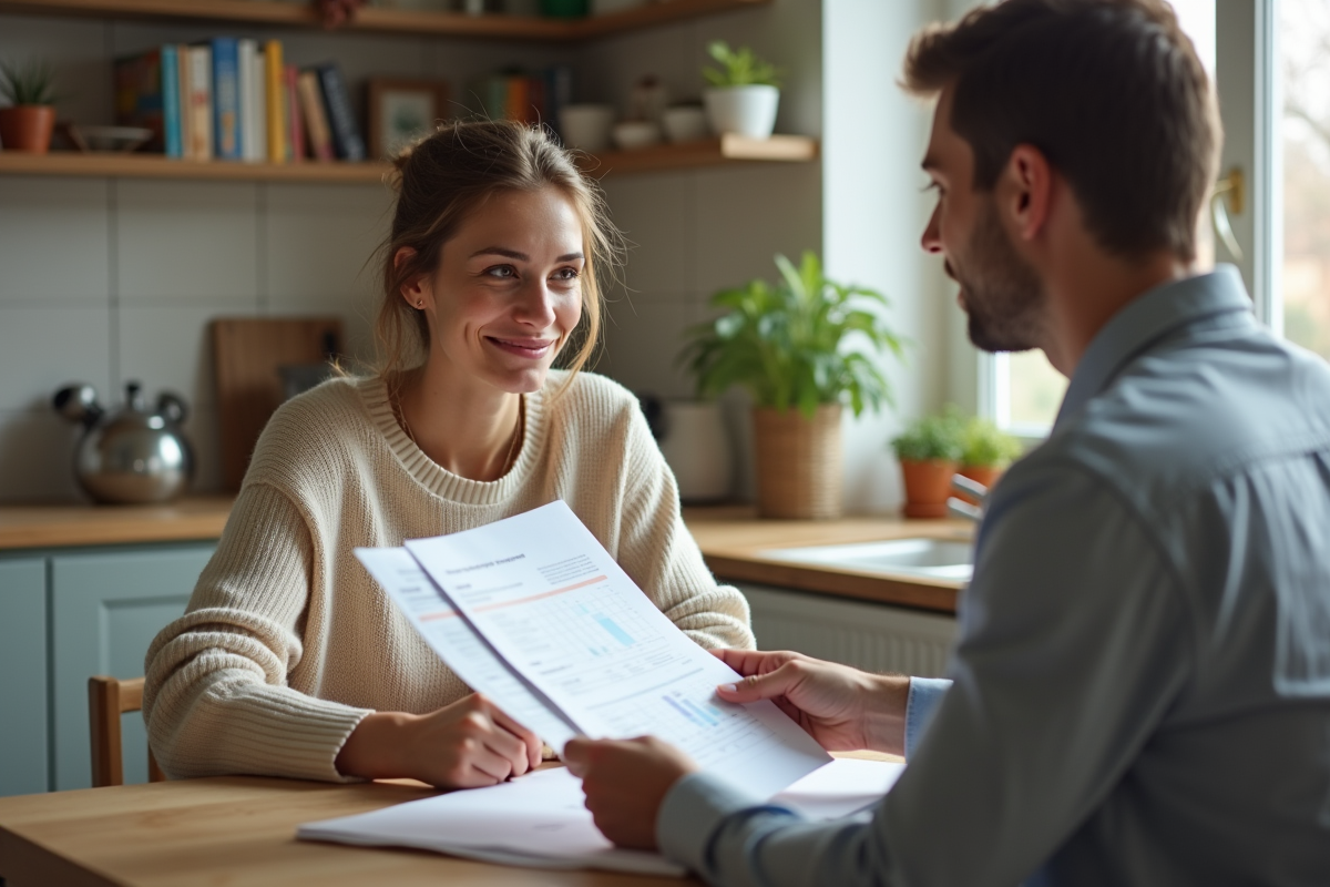 Femme discutant avec agent immobilier et rapport