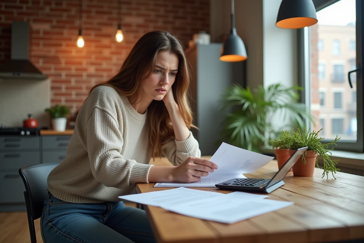 Jeune femme examinant un contrat dans la cuisine