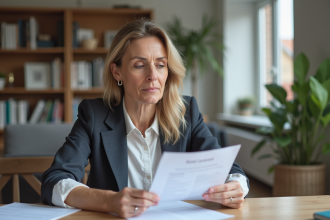 Femme d'âge moyen examinant un contrat de location dans un appartement lumineux