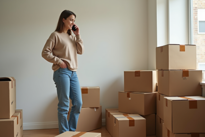 Jeune femme parlant au téléphone parmi des cartons dans un appartement