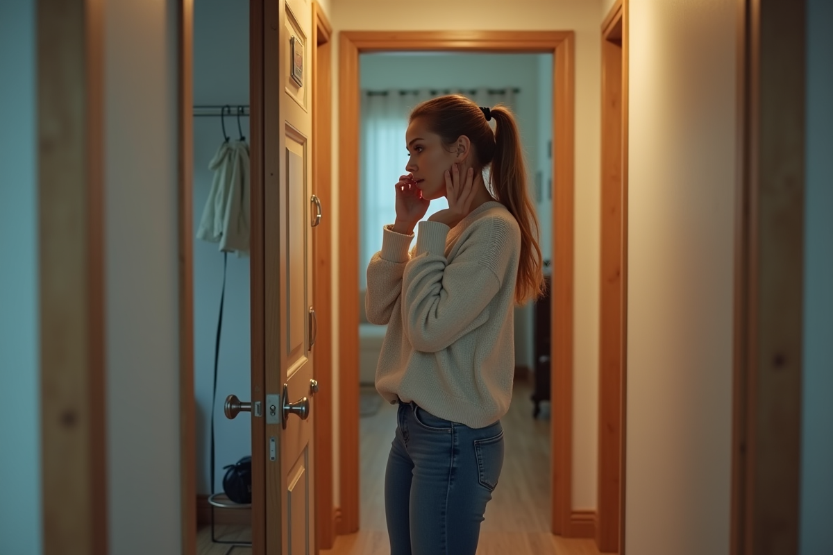 Jeune femme parlant au téléphone près de la porte forcée