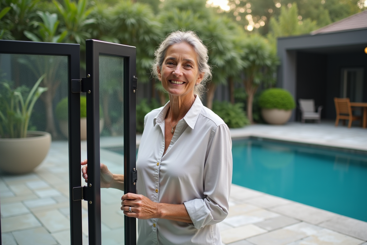 Femme fermant la porte de la clôture de la piscine