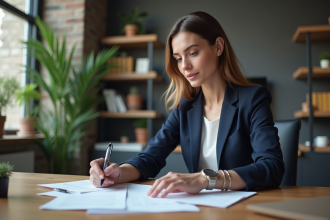Femme professionnelle examinant des documents de prêt