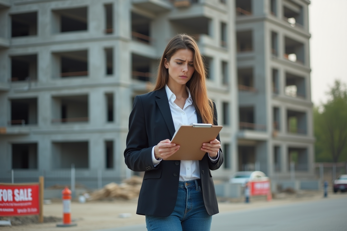 Jeune femme devant un immeuble en construction avec panneau de vente