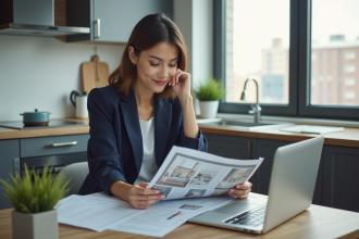 Femme souriante dans un appartement lumineux pour l'immobilier