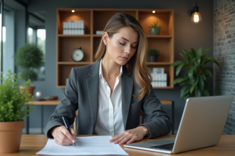 Femme professionnelle examinant des documents immobiliers en bureau
