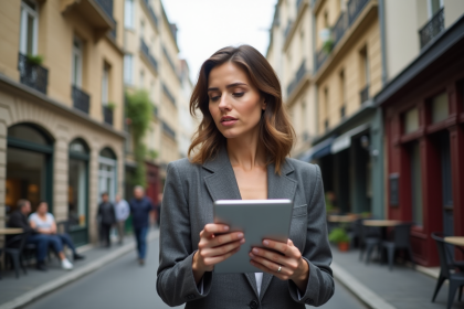 Femme professionnelle avec tablette devant immeubles parisiens