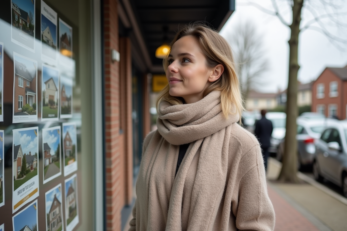Jeune femme regarde des annonces immobilières devant une agence