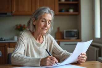 Femme d'âge moyen lisant des papiers dans sa cuisine moderne