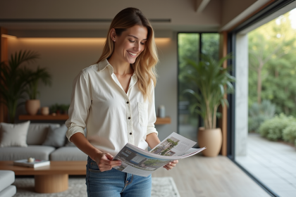Femme souriante dans un salon moderne et lumineux