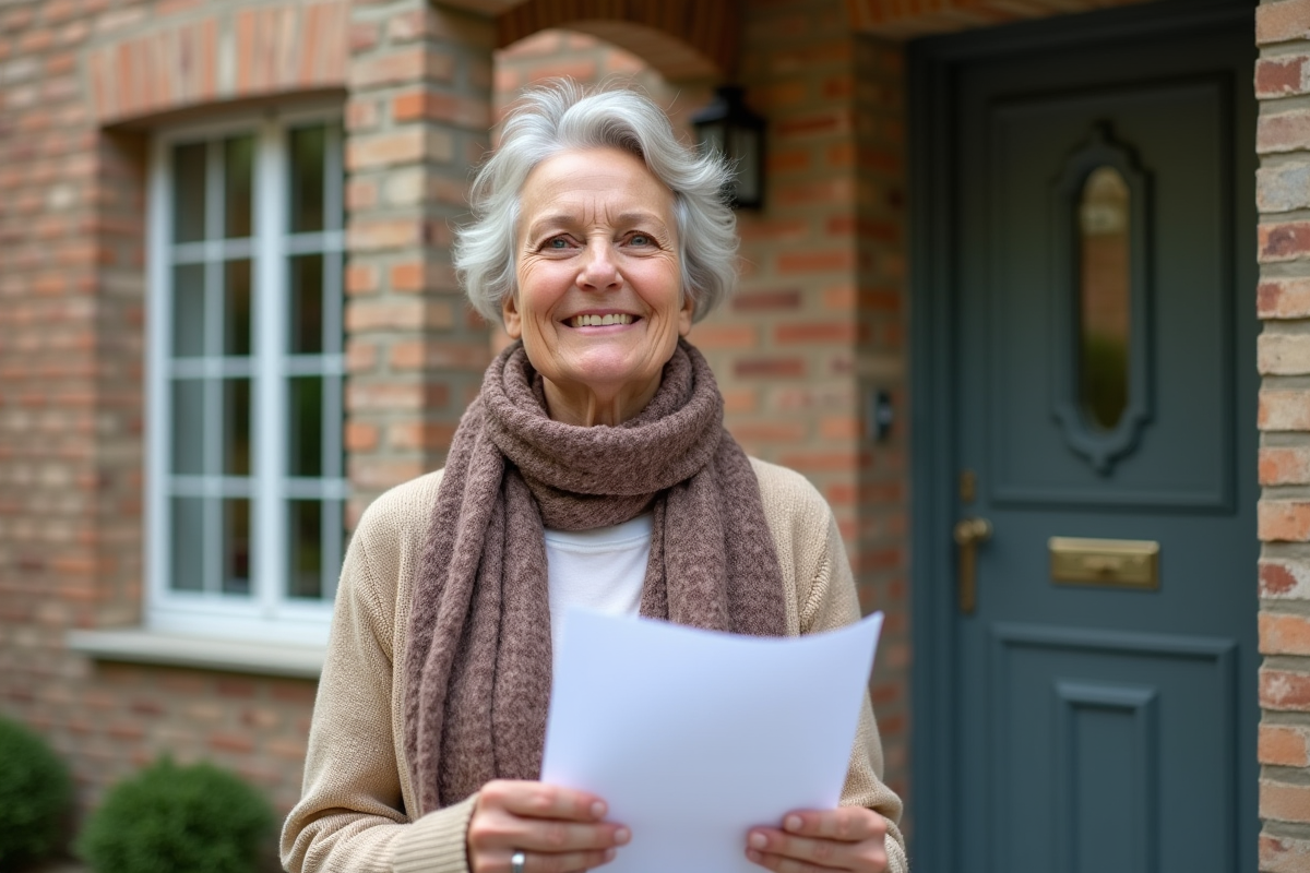 Femme senior avec document devant maison renovée