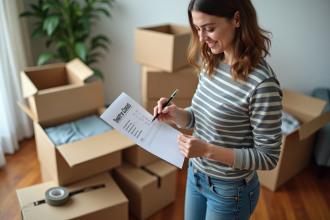 Femme vérifiant sa liste de déménagement dans un salon cosy