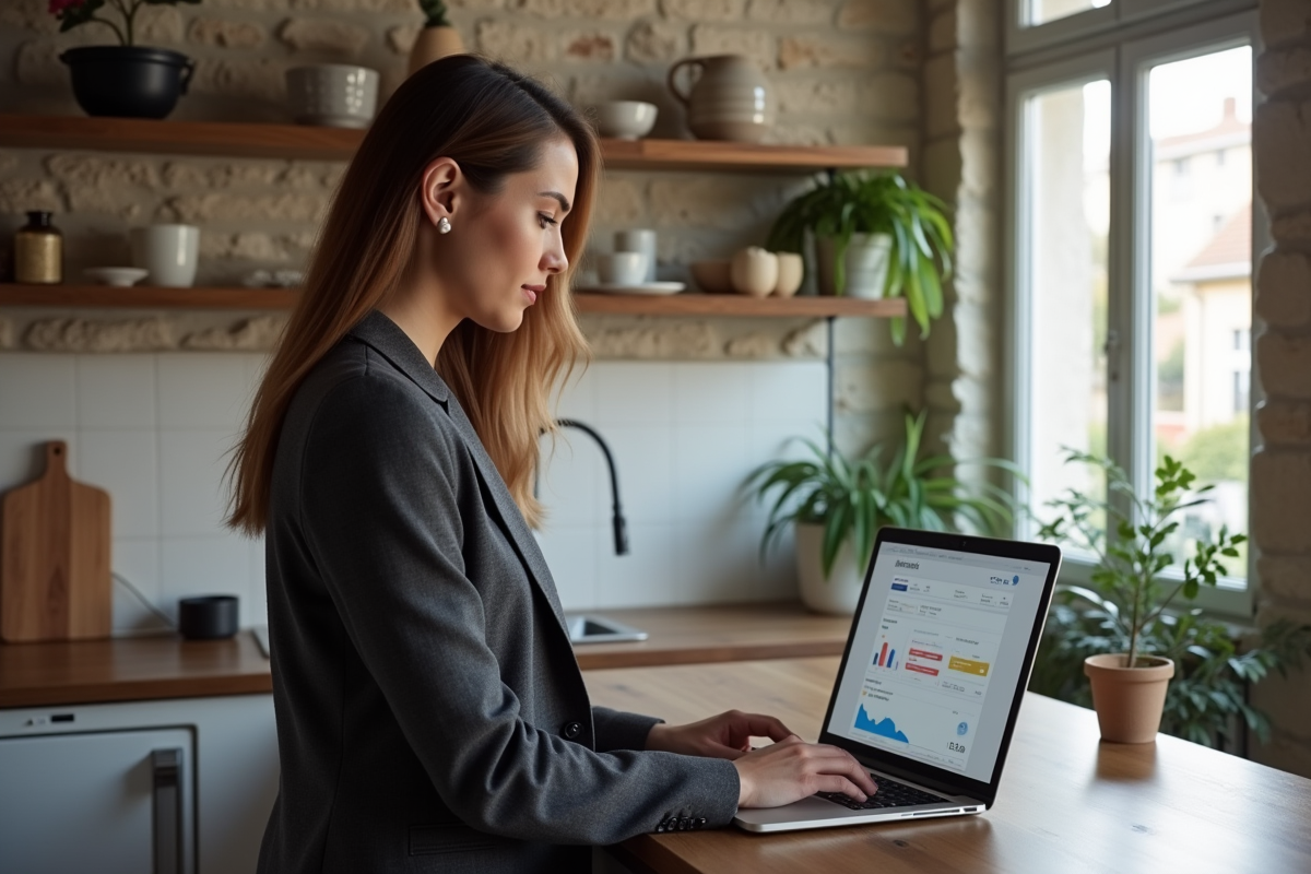 Jeune femme d'affaires à Paris vérifiant Airbnb sur son ordinateur