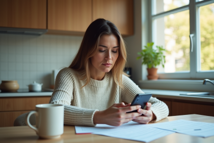 Femme en cuisine examine documents d'assurance avec smartphone