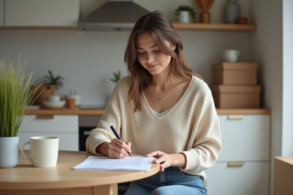 Jeune femme signant un document dans une cuisine moderne