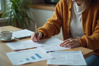 Femme triant des papiers dans une cuisine moderne