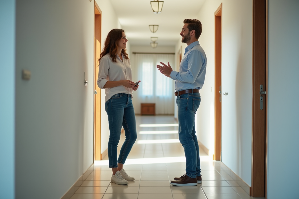 Jeune femme en jeans parle avec un agent immobilier dans un appartement