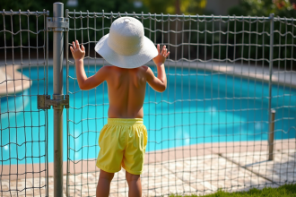 Jeune garçon regardant la piscine derrière la clôture