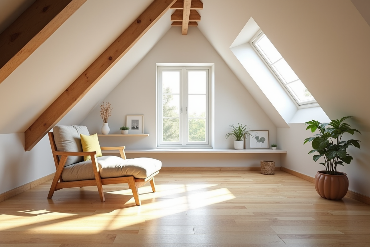 Espace de vie dans un grenier rénové avec poutres en bois et grande fenêtre
