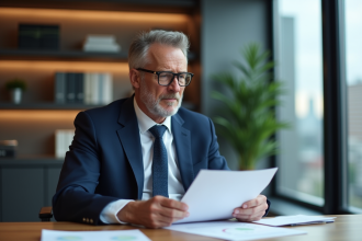Homme d'affaires en costume bleu examine des documents d'enchere