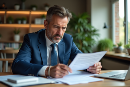 Homme d'affaires en costume bleu examine des documents de pr&ecirc;t immobilier