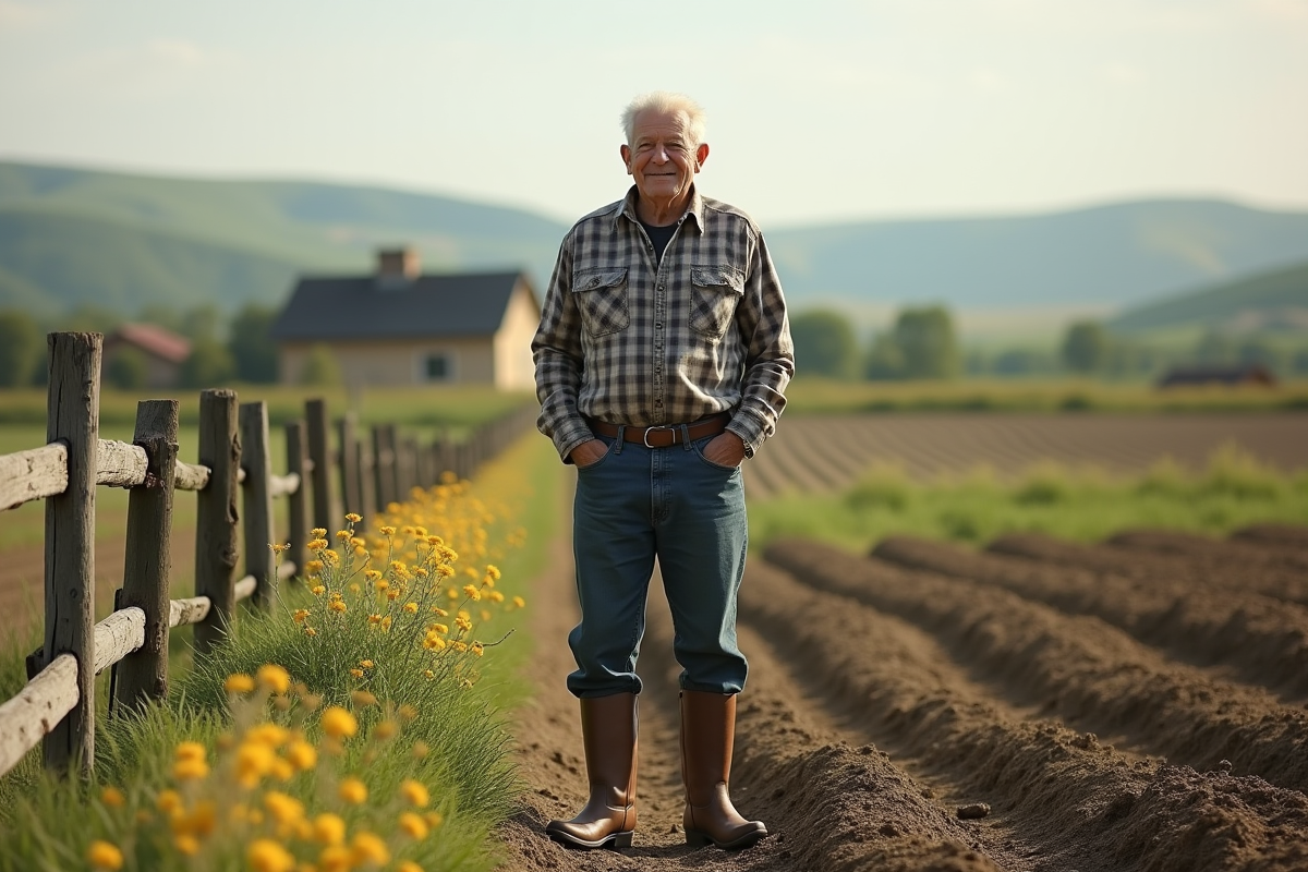 Homme âgé dans un champ avec fleurs et ferme