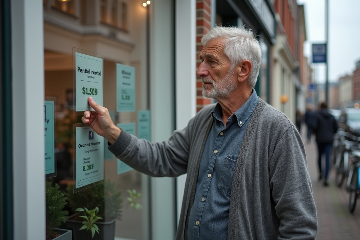 Homme âgé regardant des annonces de location sur une vitrine en ville
