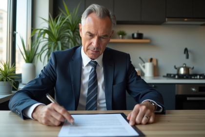 Homme d'&acirc;ge moyen en costume bleu examine un contrat de location