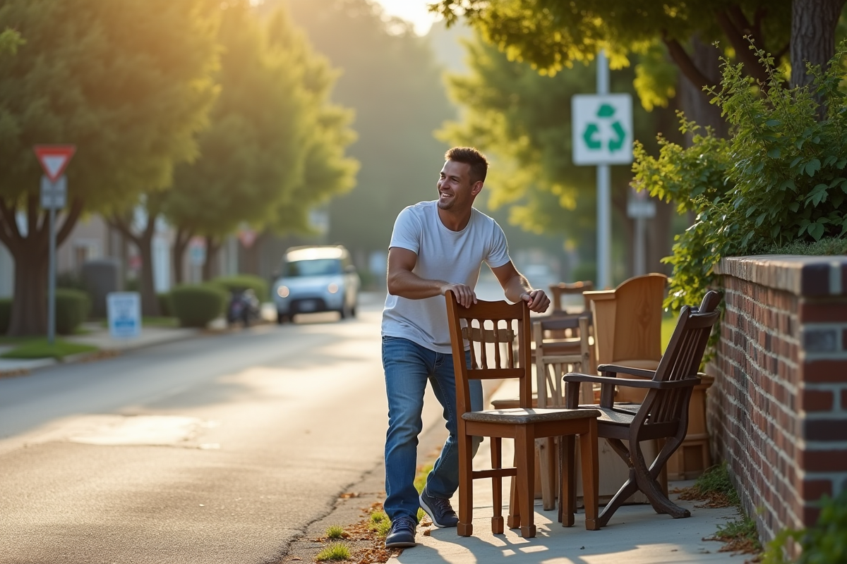 Homme souriant portant une vieille chaise en bois dans la rue