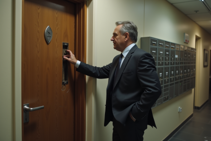 Homme d'affaires regardant la porte d'entrée endommagée