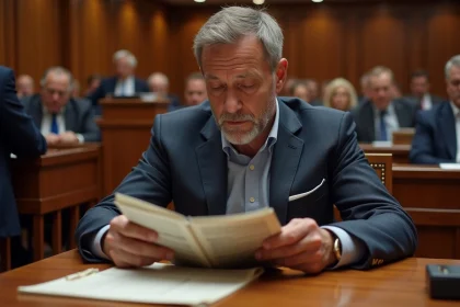 Homme d'âge moyen examine un catalogue lors d'une vente aux enchères