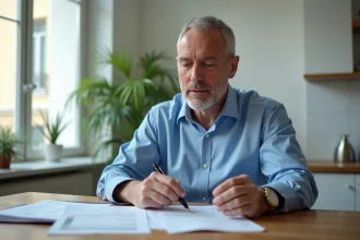 Homme français en bleu examinant ses documents fiscaux