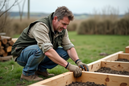 Homme en tenue de travail mesurant une structure en bois en campagne