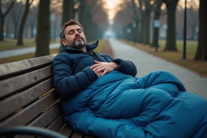 Homme d'âge moyen dormant dans un sac de couchage en parc urbain
