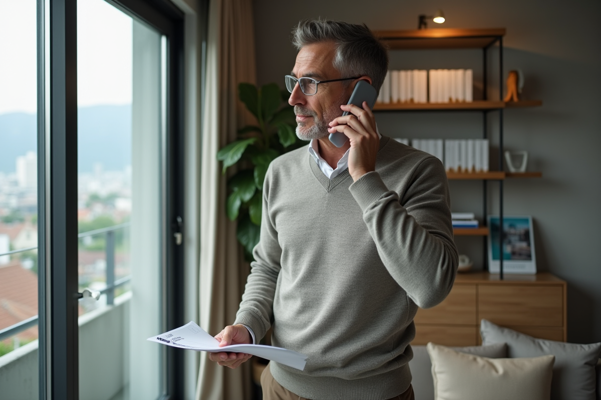 Homme parlant au téléphone dans un appartement lumineux
