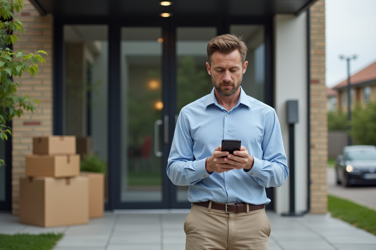 Homme vérifiant son smartphone devant un immeuble résidentiel